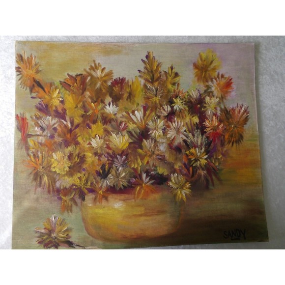 Original Vintage Oil On Canvas Planter w Flowers Painting by Artist Sandy Gordon - Picture 2 of 16